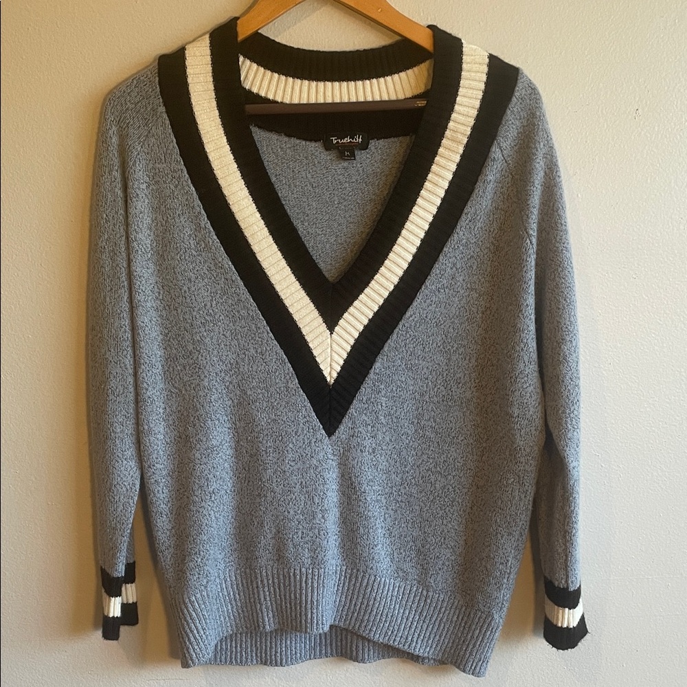 Light Blue and Black V-Neck Sweater